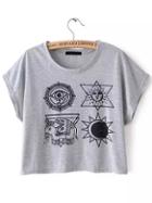 Romwe Grey Short Sleeve Elephant Print Crop T-shirt