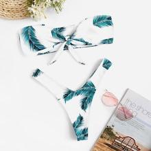 Romwe Leaf Print Knot Bandeau With High Cut Bikini