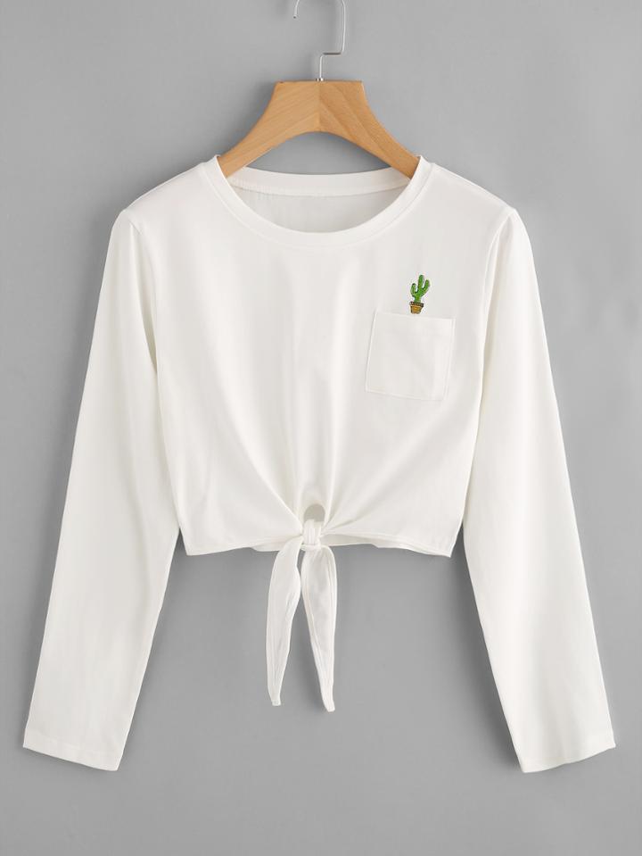 Romwe Cactus Embroidered Chest Pocket Knot Front T-shirt