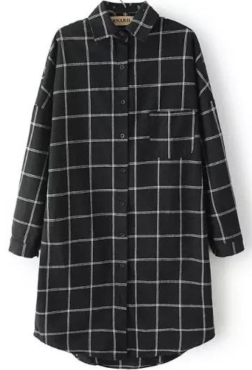 Romwe Lapel Dip Hem Plaid Black Blouse