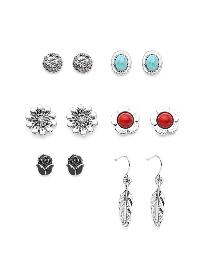 Romwe Flower And Gemstone Design Earring Set