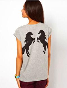 Romwe Horse Print Loose Grey T-shirt