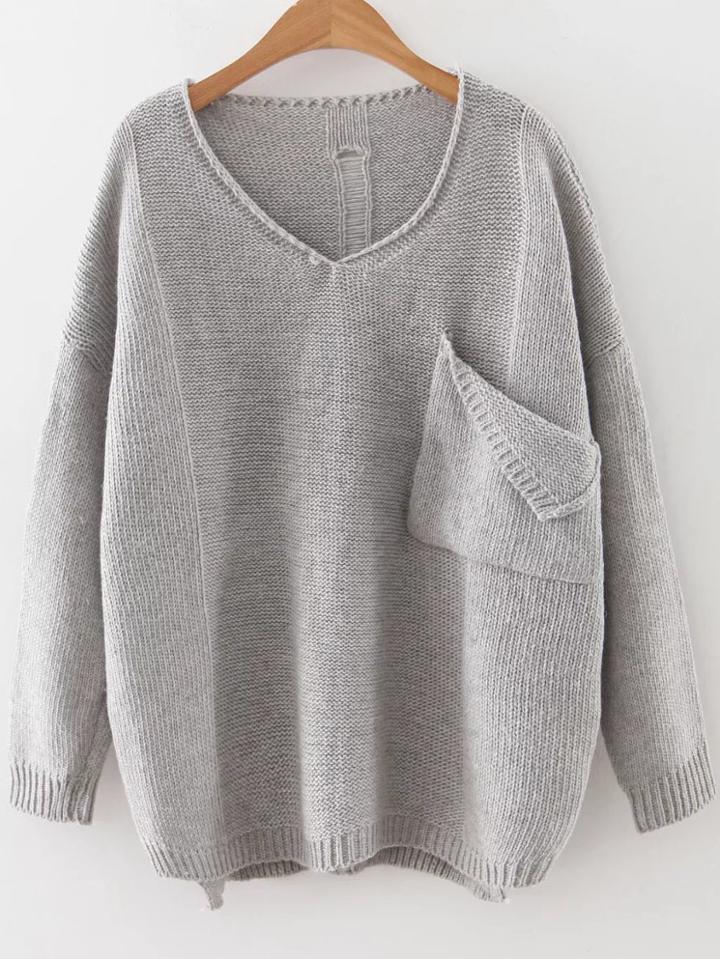 Romwe Grey V Neck Ripped Dip Hem Sweater With Pocket
