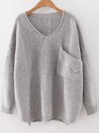 Romwe Grey V Neck Ripped Dip Hem Sweater With Pocket