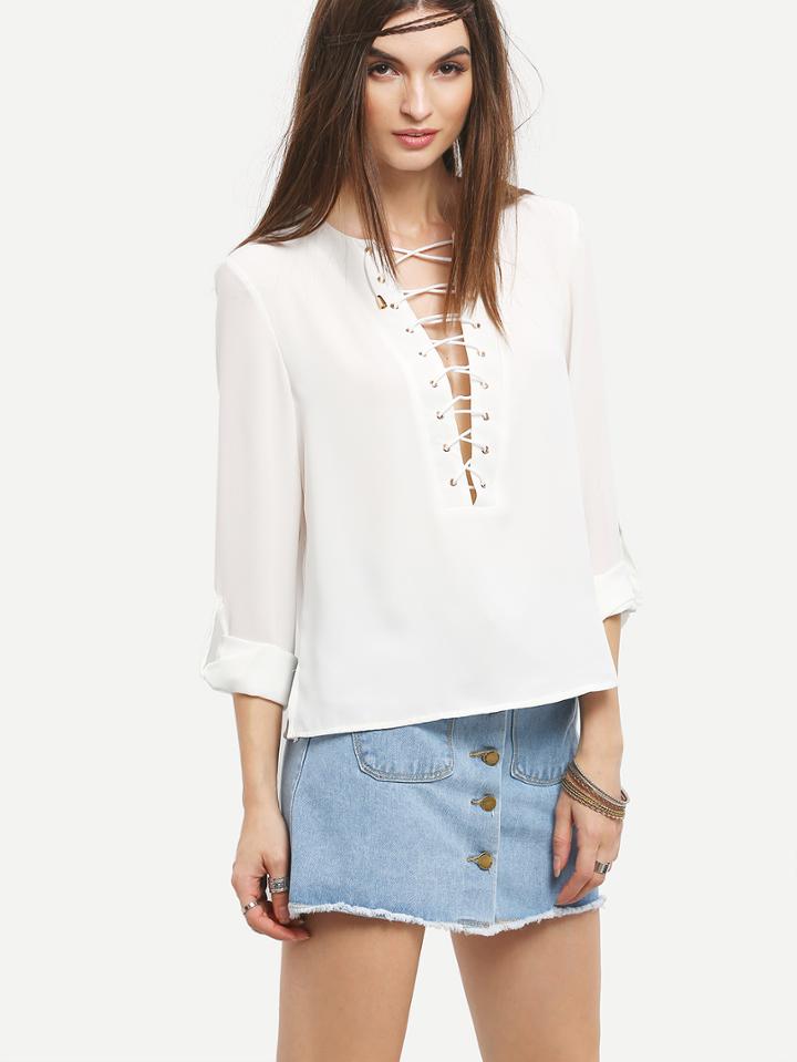 Romwe Lace-up Rolled Sleeve Blouse - White