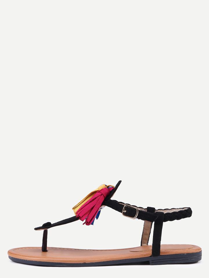 Romwe Black Fringe Suede Ties Sandals