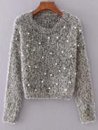 Romwe Grey Round Neck Long Sleeve Beaded Sweater