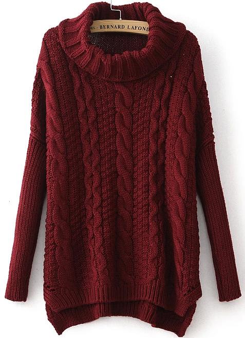 Romwe High Neck Loose Cable Knit Wine Red Sweater