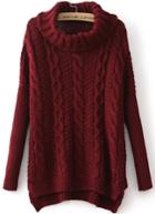 Romwe High Neck Loose Cable Knit Wine Red Sweater