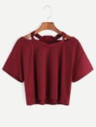 Romwe Burgundy Cut Out Neck Crop T-shirt