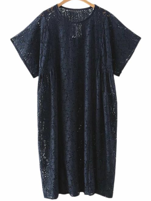 Romwe Navy Short Sleeve Loose Lace Dress