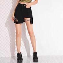 Romwe Asymmetrical Hem Ripped Ring Detail Denim Skirt