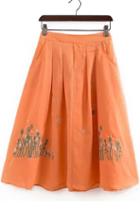 Romwe Embroidered Flare Orange Skirt