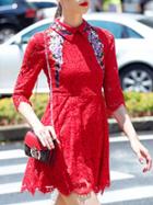 Romwe Red Lapel Long Sleeve Embroidered Lace Dress