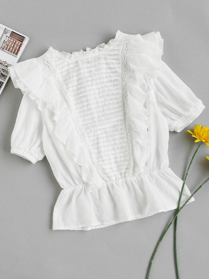 Romwe Lace Panel Frill Trim Pleated Yoke Peplum Top