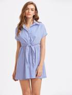 Romwe Vertical Striped Rolled Sleeve Tie Detail Shirt Dress