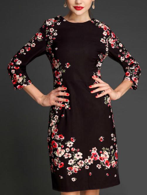 Romwe Round Neck Florals Zipper Slim Dress