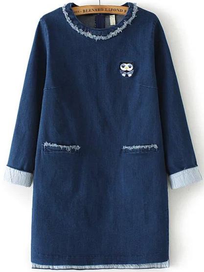 Romwe Owl Embroidered Frayed Denim Dress