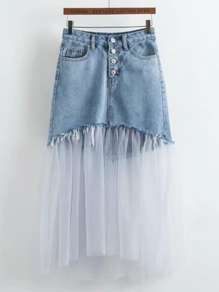 Romwe Contrast Mesh Frayed Detail Denim Skirt