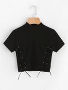 Romwe High Neck Eyelet Lace Up Crop Tee