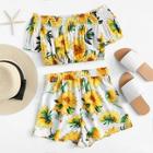Romwe Off Shoulder Sunflower Print Top With Shorts