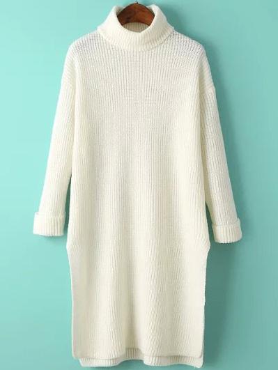 Romwe Turtleneck Split Beige Sweater Dress