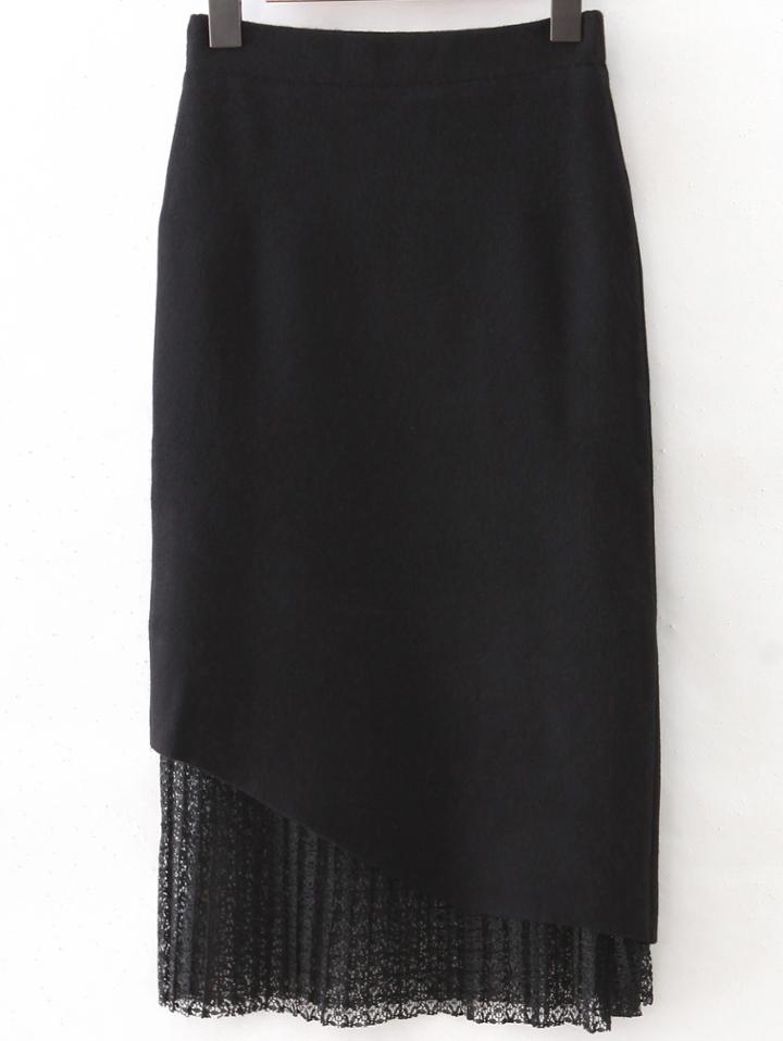 Romwe Black Knit Midi Skirt With Lace Hem