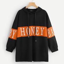Romwe Drop Shoulder Letter Print Drawstring Hoodie