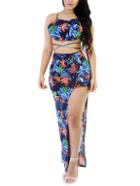 Romwe Navy Tropical Print Crisscross Top With High Slit Skirt