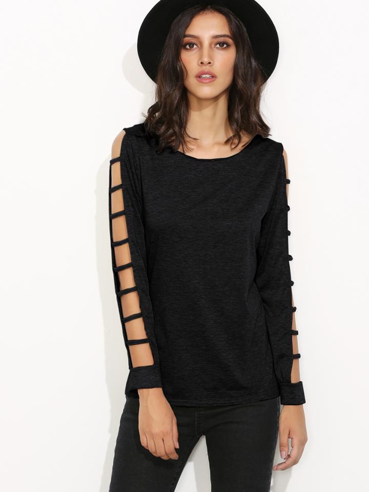 Romwe Black Ladder Cut Out Sleeve T-shirt