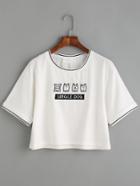 Romwe White Striped Trim Drop Shoulder Embroidered T-shirt