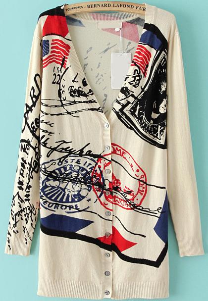 Romwe V Neck With Buttons Seal Print Cardigan