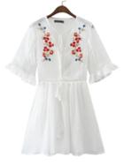 Romwe White Deep V Neck Embroidery Ruffle Cuff Dress