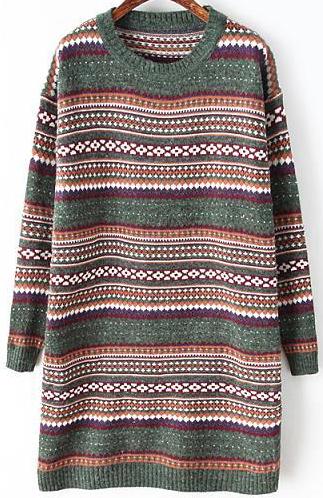 Romwe Vintage Tribal Print Green Sweater