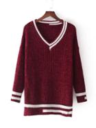 Romwe Varsity Striped Longline Chenille Sweater