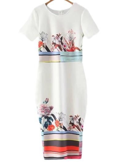 Romwe Multicolor Short Sleeve Split Back Print Midi Dress