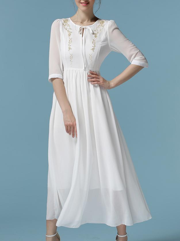 Romwe V Cut Embroidered Vintage Chiffon Dress