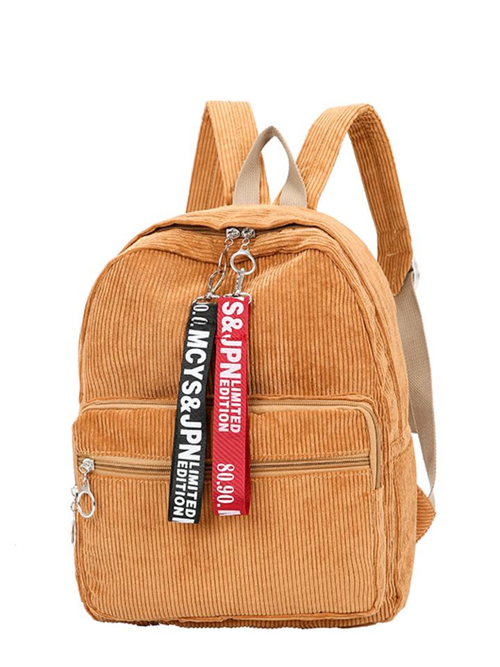Romwe Slogan Ribbon Corduroy Backpack