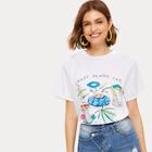 Romwe Floral & Letter Print Tee