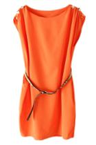 Romwe Romwe Pleated Sleeveless Waistband Lantern Hem Orange Dress