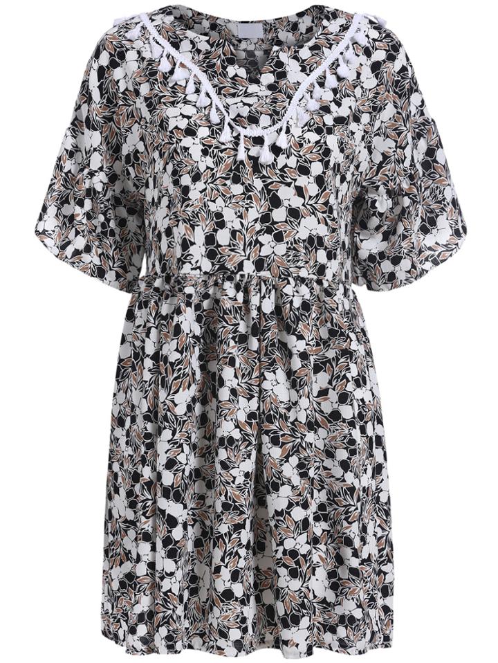 Romwe V Neck Tassel Ruffle Sleeve Flower Print Dress