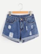 Romwe Distressed Cuffed Denim Shorts