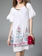 Romwe White Tie Neck Bell Sleeve Embroidered Shift Dress