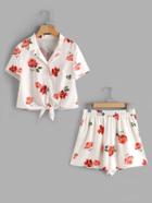 Romwe Flower Print Tie Front Blouse With Box Pleated Shorts