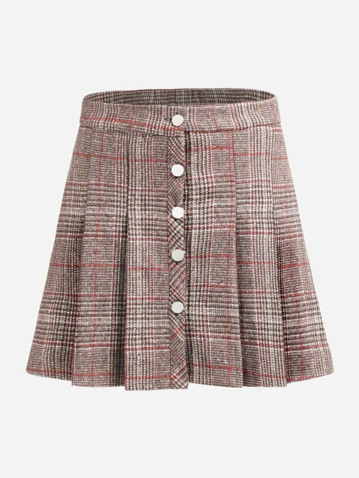 Romwe Single Breasted Plaid Pleated Skirt