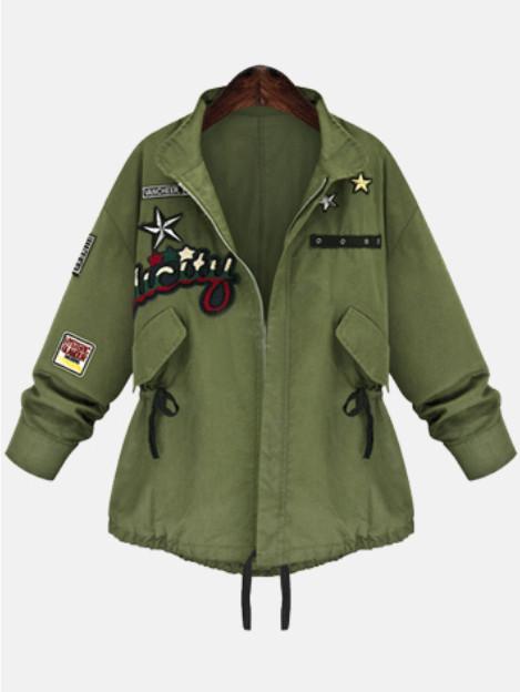 Romwe Lapel Drawstring Star Letter Patch Coat