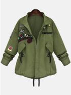 Romwe Lapel Drawstring Star Letter Patch Coat