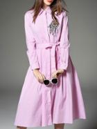 Romwe Pink Lapel Striped Beading Tie-waist Pockets Dress