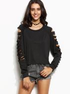Romwe Black Cut Out Sleeve Sweatshirt