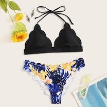 Romwe Scalloped Trim Top With Random Tropical Bikini